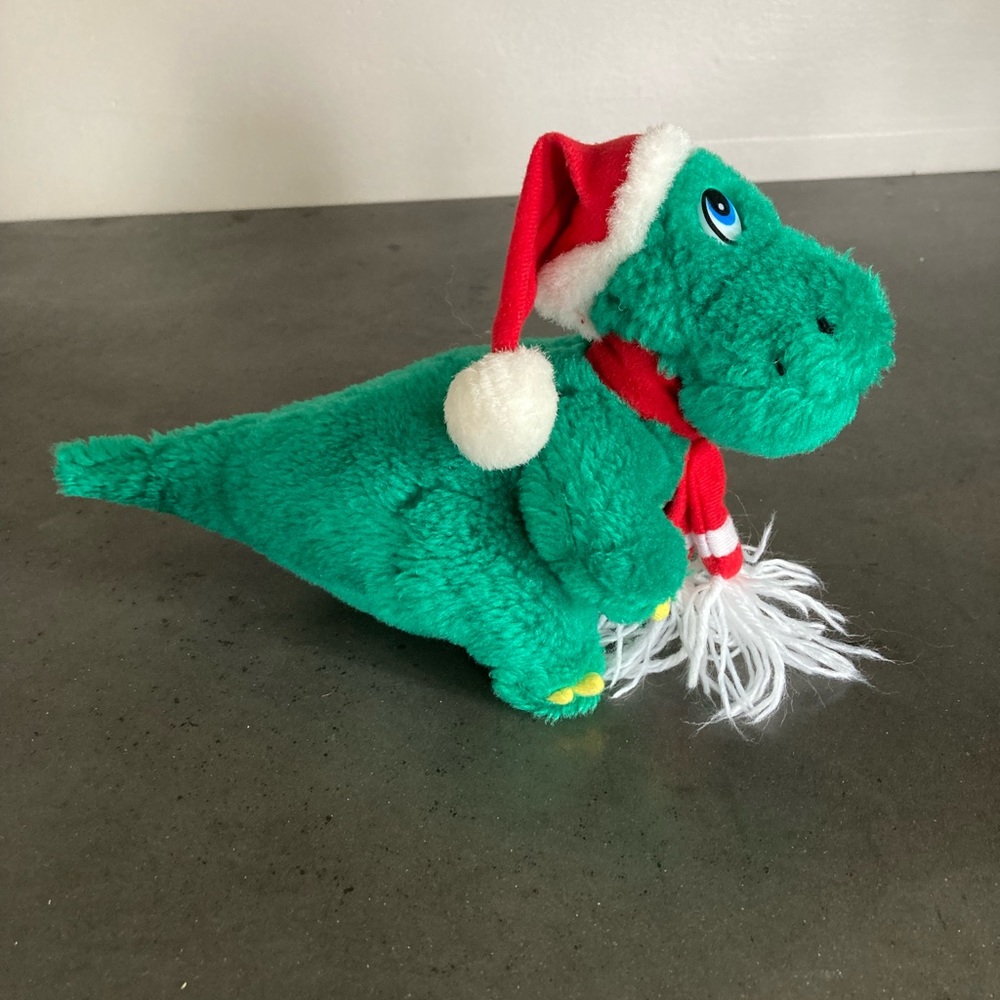 Vintage Schmidt Cannon Jinglesaurus Green Dinosaur Christmas Hat Scarf Plush